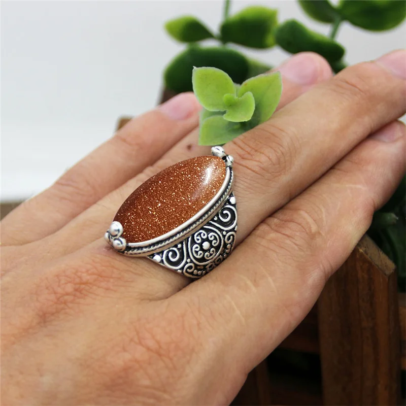 Irregular Eye Golden Sequins Stone Rings For Women Flower Band Shinning Stone Ring Real  Antique Silver Plated Fashion Jewelry