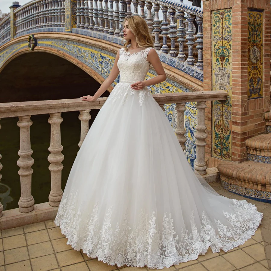 

Wedding Dress Vestido De Noiva Eleagnt O-neck Sleeveless Beading Blet Lace Applique Tulle Ball Gown Wedding Dresses