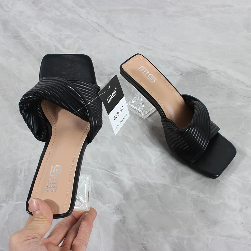 Women's Slippers Fashion High-Heeled 2024 Summer New Soft Surface PU Pleated Comfortable Sandals Outside Women's Shoes 7.5CM