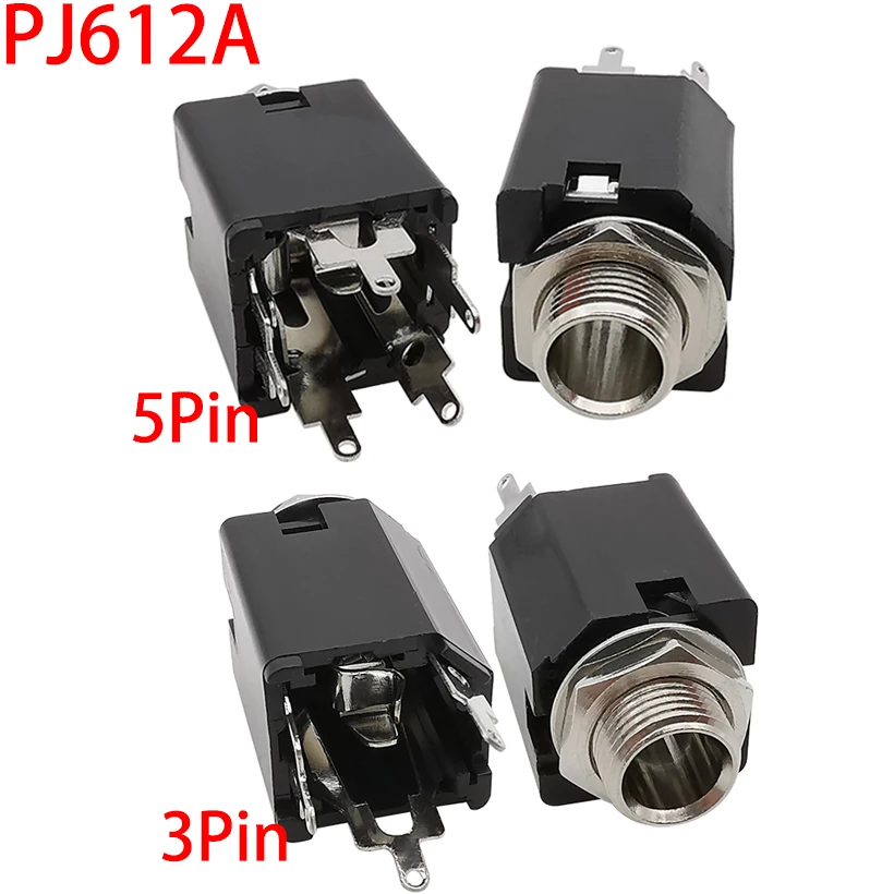 2Pcs 6.35mm 1/4 inch Audio Plug Socket 3 Pin/5 Pin Headphone Jack Connector with Nut PJ612A