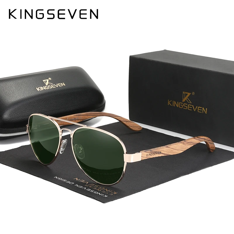 KINGSEVEN 2024 Neue handgefertigte Holzsonnenbrille, polarisierte Herrenbrille, UV400-Schutz, Spiegelbrille, Holzbügel, Oculos Z5518