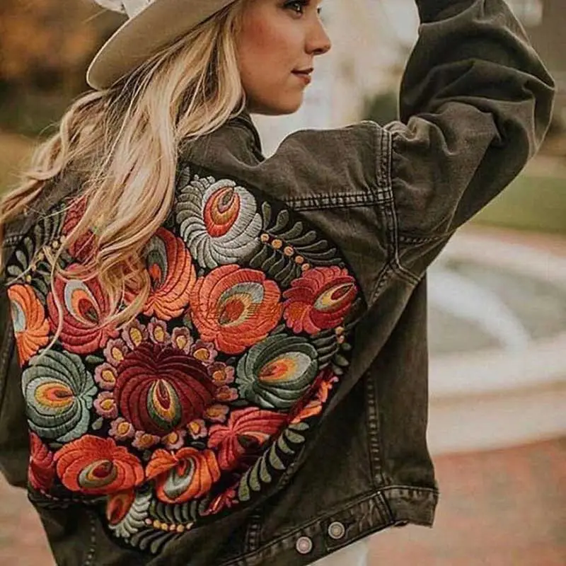 JSXDHK-chaqueta vaquera con bordado Floral para mujer, abrigo Vintage con cuello vuelto, ropa de calle informal holgada, prendas de vestir de