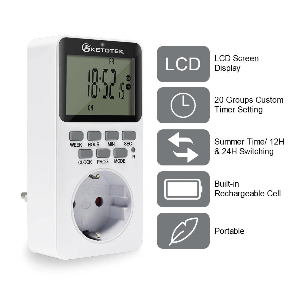 EU Plug Electronic Digital Timer Switch Kitchen Timer Outlet 230V 50Hz 7 Day Week 12/24 Hour Programmable Timing Socket