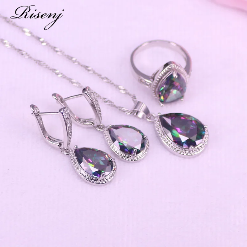 Big Water Drop Magic Rainbow Silver 925 Costume Jewelry Set For Women Earrings Ring Necklace Bracelet Bridal Jewelry T10 image 2