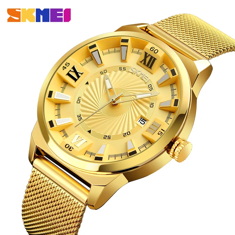 SKMEI Brand Business Mens Watches Luxury Golden Steel Mesh Band Quartz Wristwatches Original 9166 relogio masculino