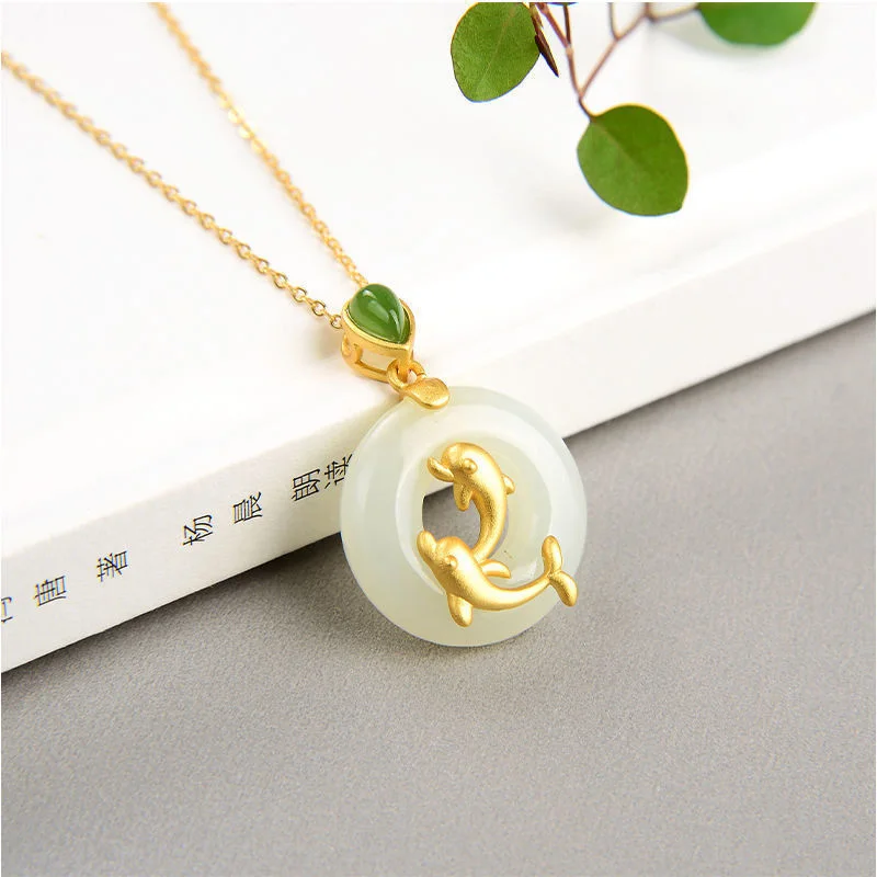 Three-dimensional design inlaid natural Hetian white jade dolphin Pisces pendant necklace Chinese style retro ladies jewelry