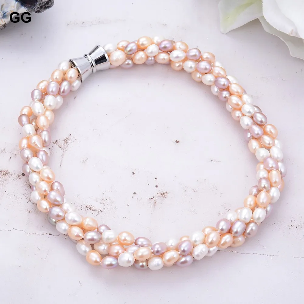 

GuaiGuai Jewelry 20'' 4 Strands 9-10MM Multi Color Rice Pink White Purple Pearl Necklace For Women