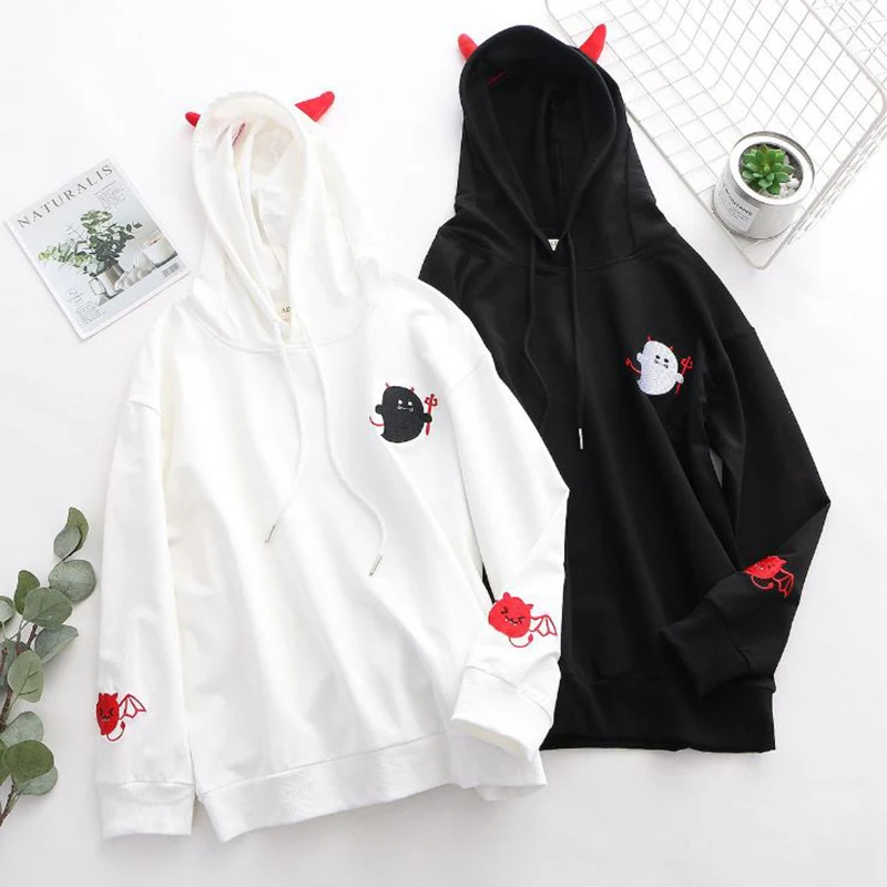 SzBlaZe New Spring Kawaii Cartoon Devil Embroidered Hoodies Student Costume Sweatshirt Cute Lovely Women Pullover Top