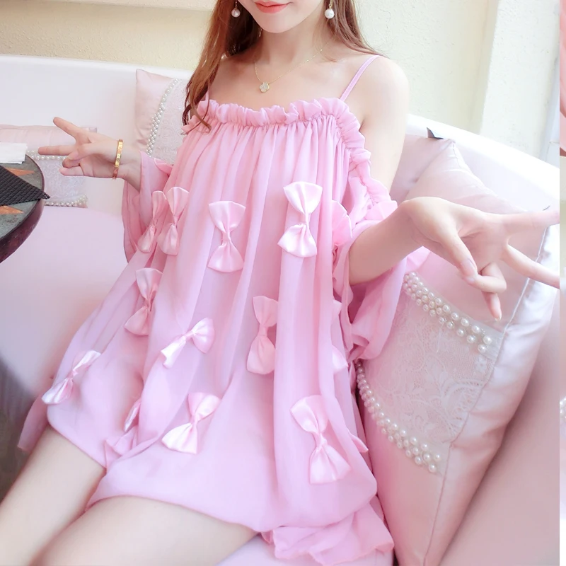 Estate adorabile Kawaii corto volant pieno di fiocco manica corta cinturino abito in Chiffon rosa donna Lolita dolce principessa abiti larghi