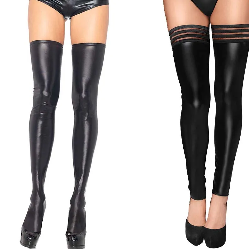 Sexy Black Faux Leather Fetish Wet Look Metallic Thigh-Highs Thigh High Stockings with Non-Slip Stay Up Plus Size