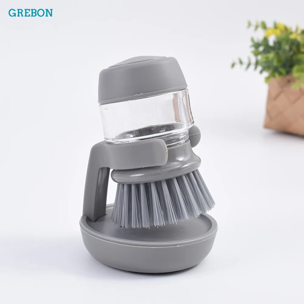 Multi-functional Cleaning Brush Dishwashing Push-button Press-type Soap Dispenser Brush Dish Pan Pot Scrubber Brush Kitchen Tool