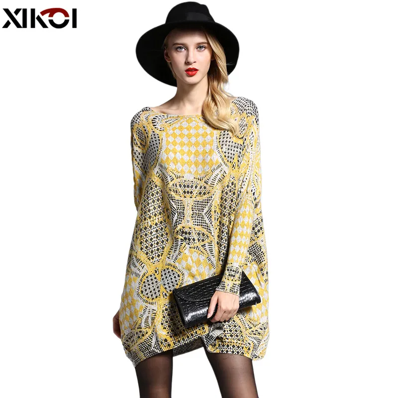 XIKOI-suéter de punto para mujer, vestido amarillo de gran tamaño, jerséis con estampado informal, manga larga de murciélago, a la moda, novedad de