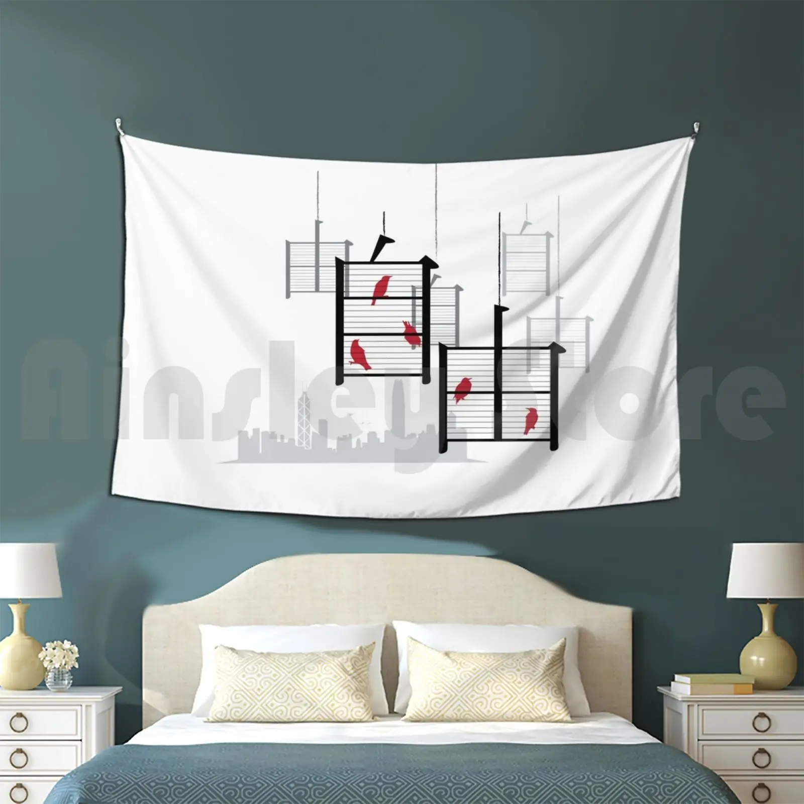 ( Cages ) Customized Tapestry Atelier Unbound Birds Text Graphic Irony Birdcage