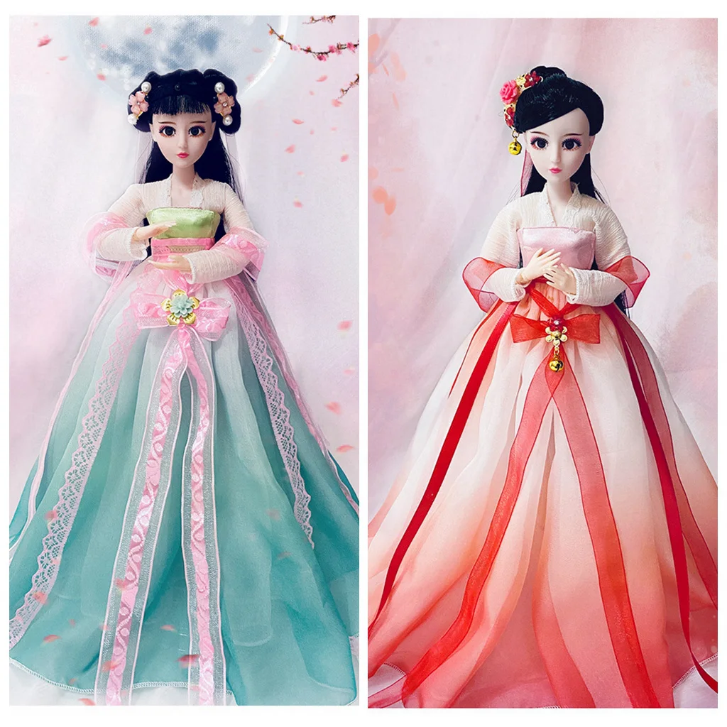 

1/6 Scale 30cm Ancient Costume Hanfu Dress Long Hair Fairy Princess Barbi Doll Double Joints Body Model Toy Gift For Girl C1228