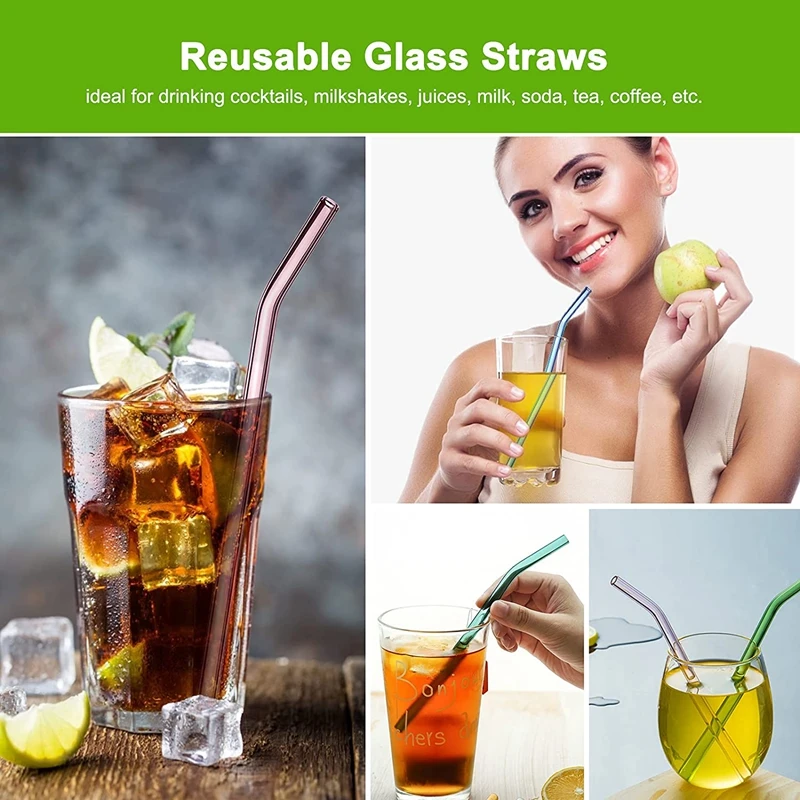 2Pcs Colorful Drinking Straws High Borosilicate Glass Straw Reusable Straws for Smoothies Juice Milkshake Coffee Cocktail Straw