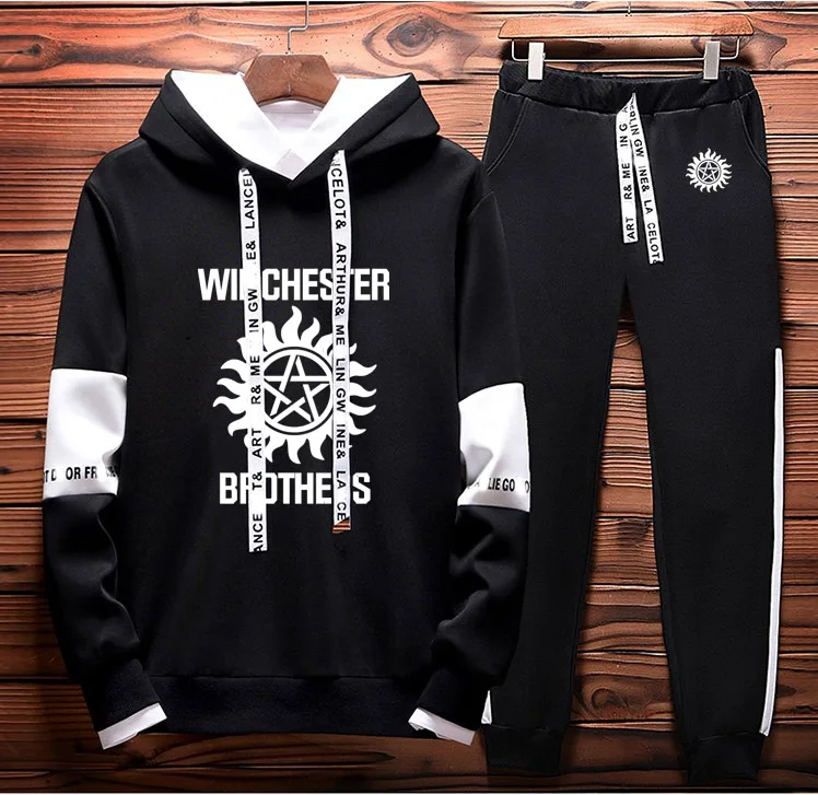 

Hoodie Men Winchester Bros Printed Mens Hoodies unisex Sweatshirt +Pants 2Pcs Sporting suit Fleece Warm Thick sportwear