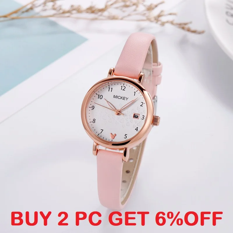 Disney Official Women Fashion Casual Quartz Wristwatches Micky Mouse Cute Small Dial Pu Strap Luminous Hands Lady New Gift Clock