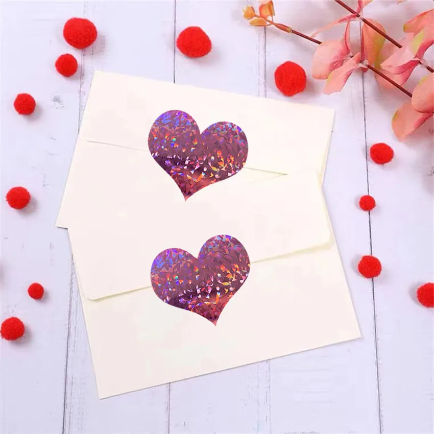 100-500pcs 1.5 calowy Laser holograficzny serduszkami naklejki na walentynki różowy fioletowy musujące etykiety Wedding party Love Stickers