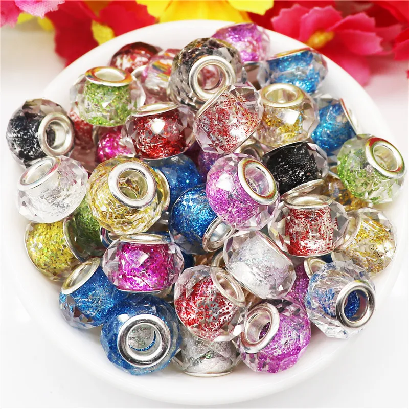 20 Pcs Color Glitter Cut Faceted Murano Glass Beads Big Hole Silver Plated Fit Pandora Charm Bracelet Pendants Women DIY Jewelry