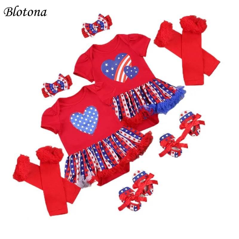 

Blotona Newborn Independence Day Outfits Baby Girl Short Sleeve O-Neck Romper Dress+Bowknot Headband+Socks+Shoes Set 0-24Months