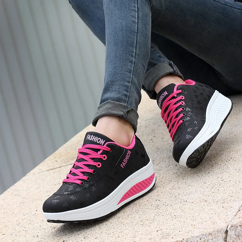 Sport Shoes Woman 2020 Fashion Solid Sneakers Women Running  Breathable PU Wedges Lace-up    Plus Size 42