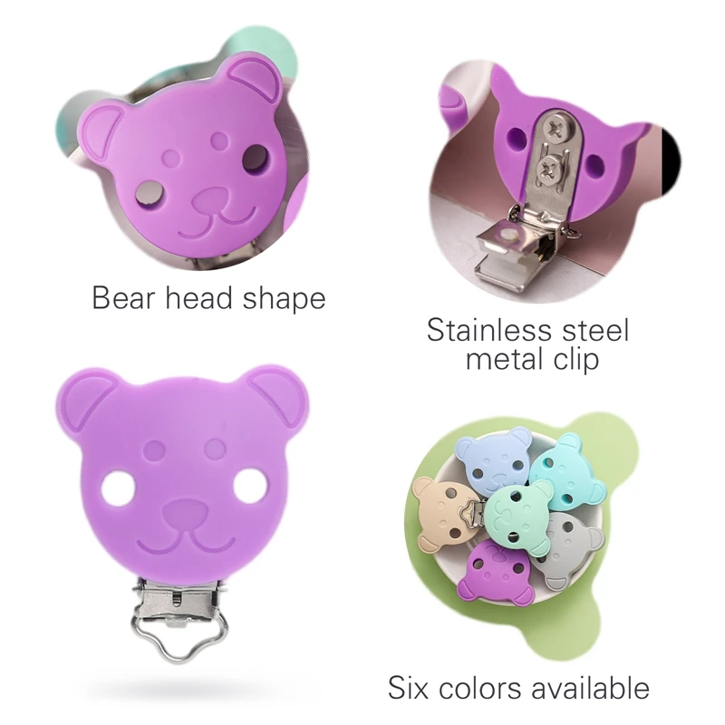 Vamos fazer 5 pçs clipe de chupeta de silicone dos desenhos animados urso forma de metal infantil mamilo manequim clipe para bebê diy chupeta