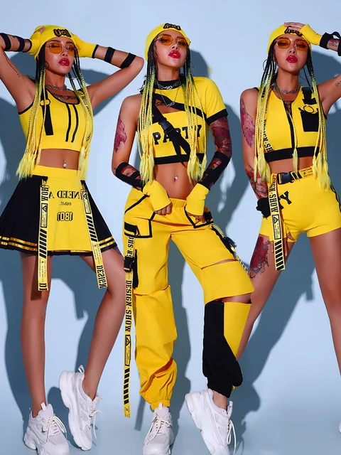 Żółte cheerleaderki jednolite ubrania hip-hopowe damskie jazzowe stroje taneczne Rave strój dziewczyny zestawy kostium sceniczny odzież festiwalowa