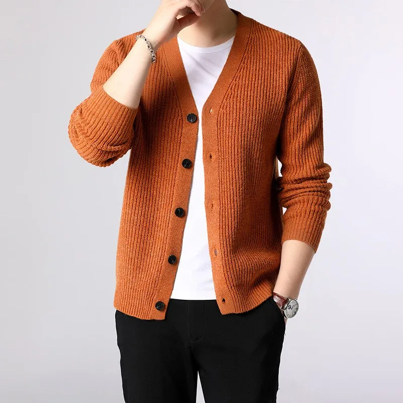 Mens V คอเดี่ยว Breasted เสื้อสเวตเตอร์ถักแขนยาวสบายๆถัก Outwear เสื้อสี SLIM FIT Man เสื้อถัก TOP cardigans