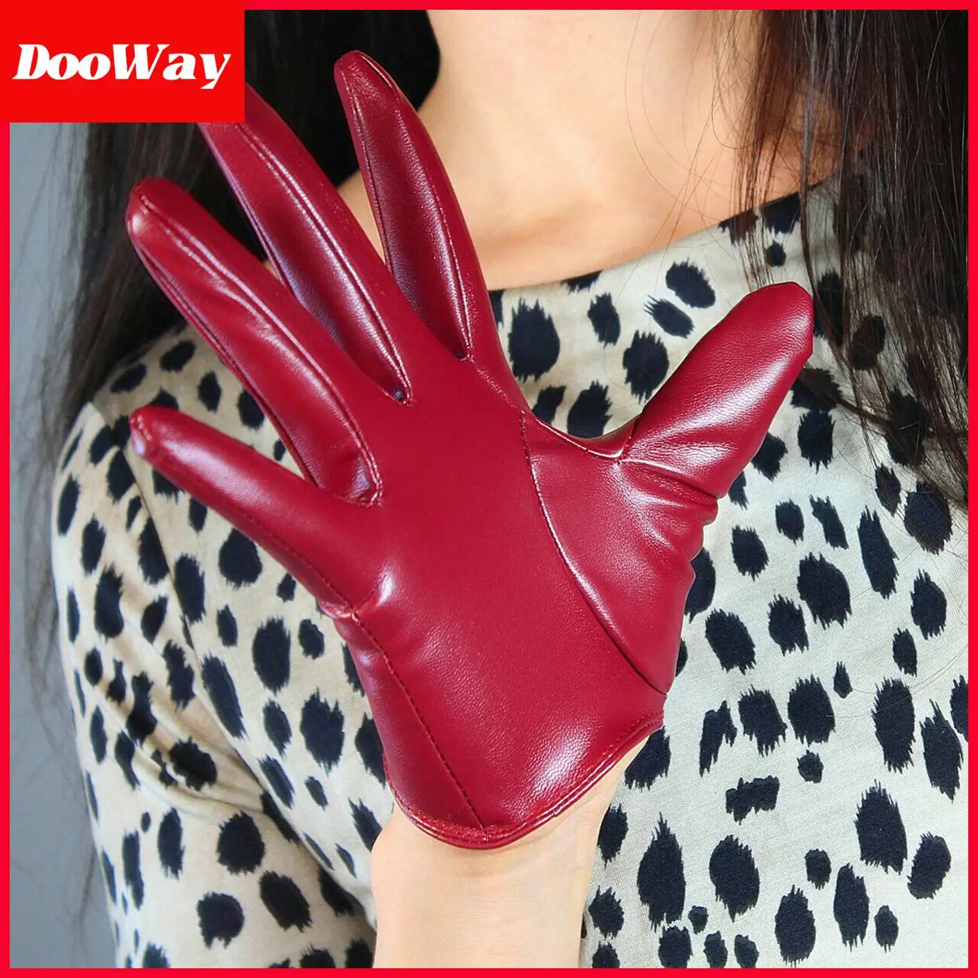 DooWay Women\'s Extra Short Leather Gloves Faux Lambskin Sheepskin 16cm Burgundy Cosplay Party Costume Accessories Finger Gloves