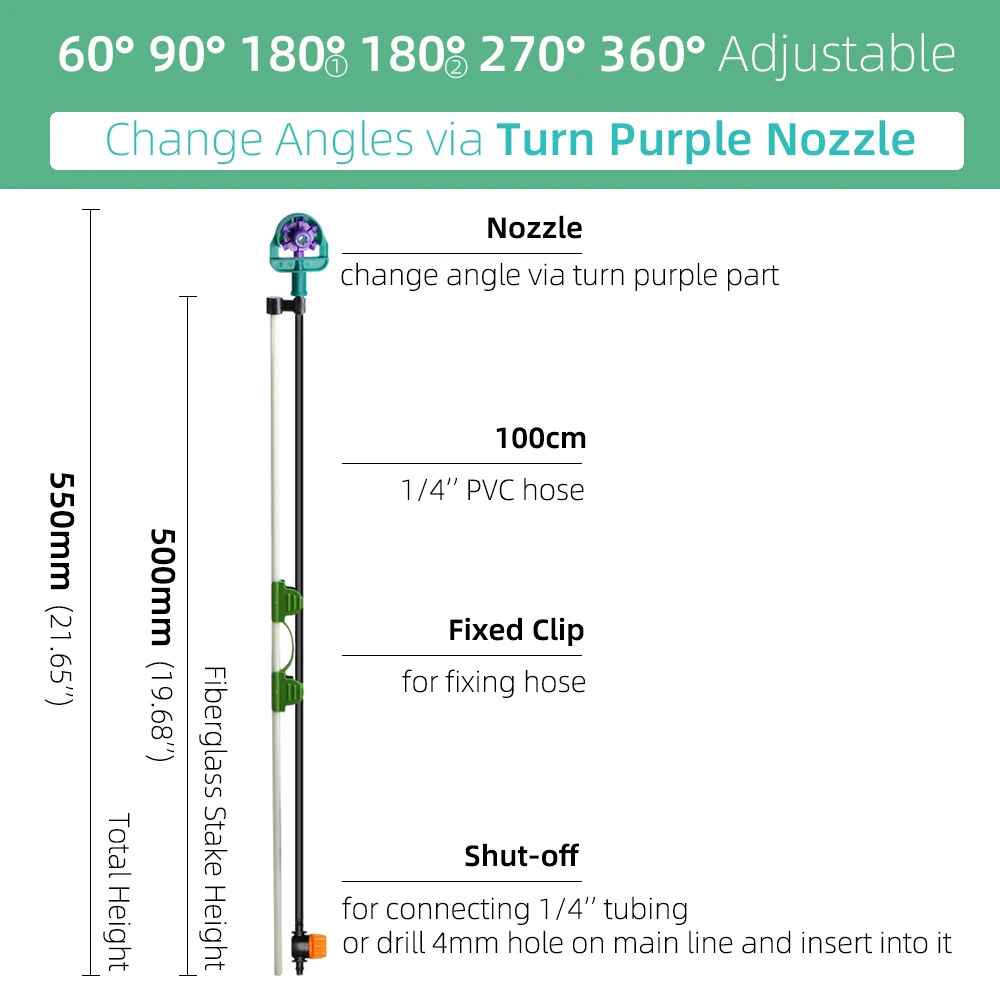 MUCIAKIE z regulowanym kątem 60/90/180/270/360 stopni zraszacze na 50CM Filberglass stawka nawadnianie ogrodu podlewanie dysz