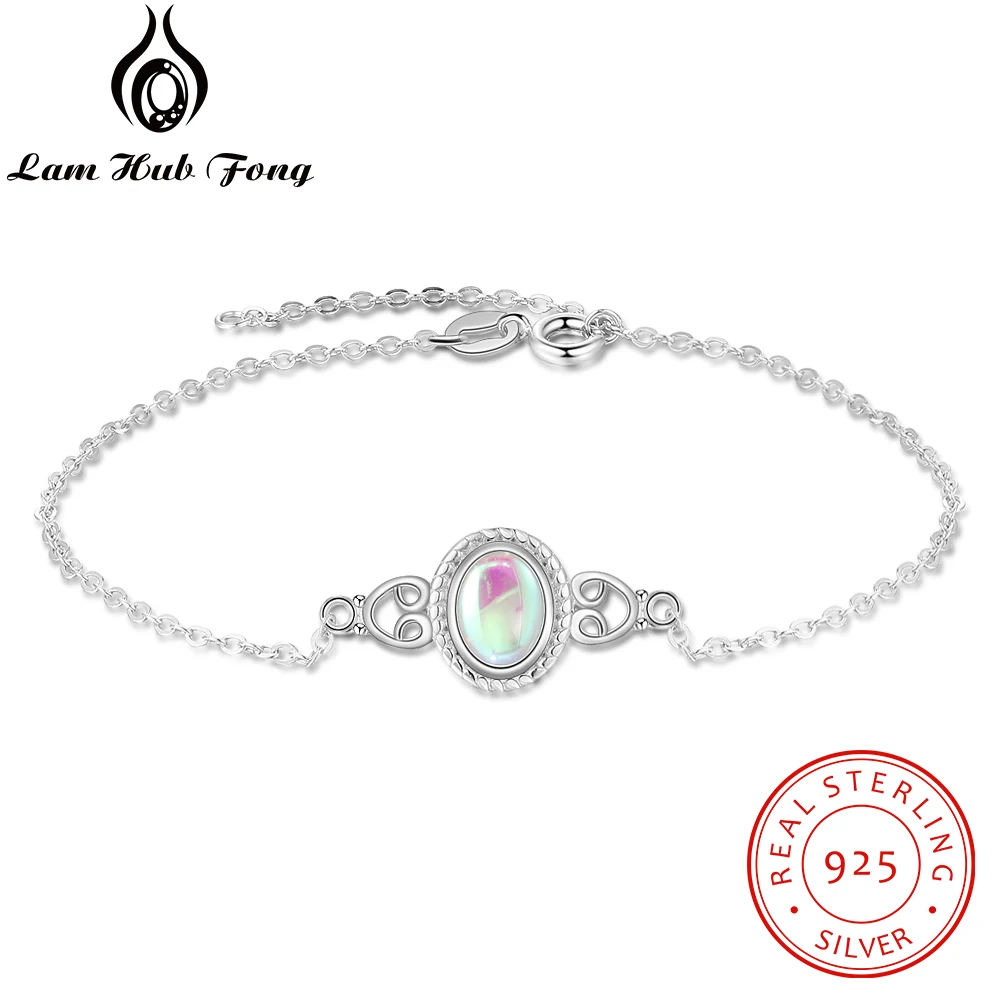 Lucky 925 Sterling Silver Adjustable Chain Bracelet for Women Rainbow Moonstone Bracelets & Bangles Fine Jewelry (Lam Hub Fong)