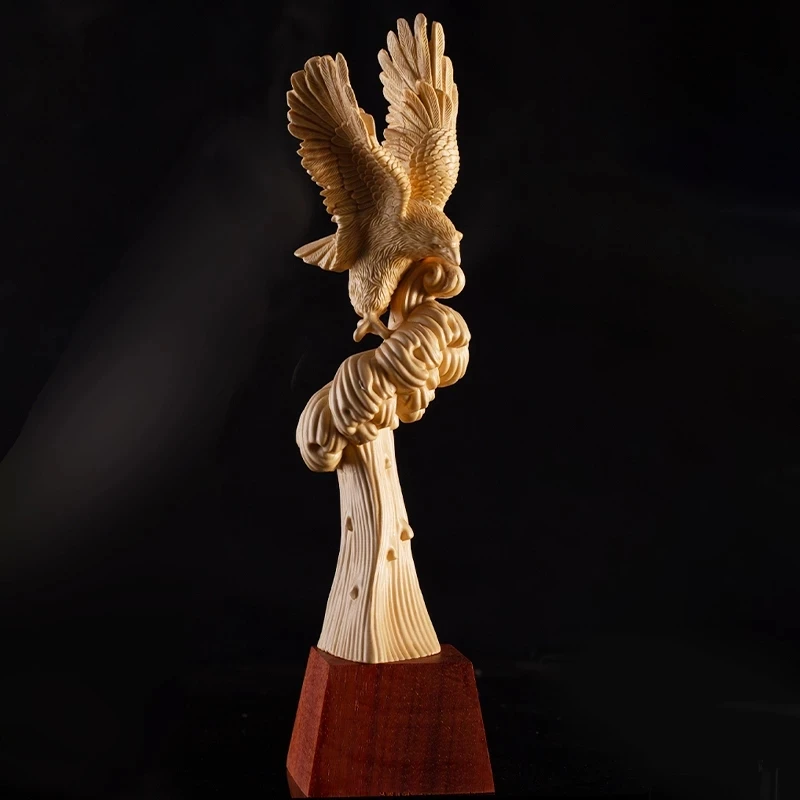 

Cypress Wood 29CM Eagle Sculpture Wood Carving Animal Statue Ride on The Crest of Success Home Decor