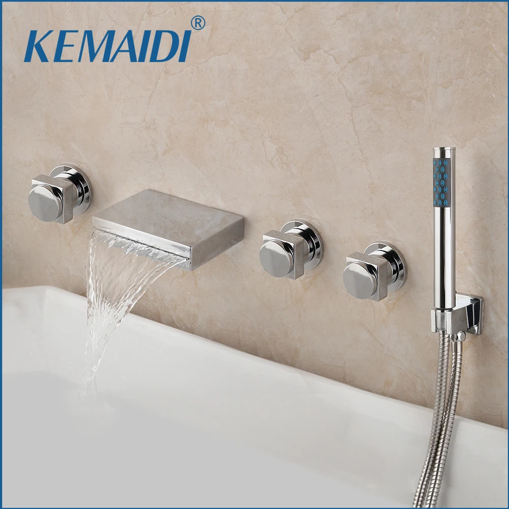 KEMAIDI Bathtub 3 Handles 5pcs Faucet Solid Brass Bathroom Bathtub Waterfall Roman  Mixer Taps Filler Faucet Handshower Chrome