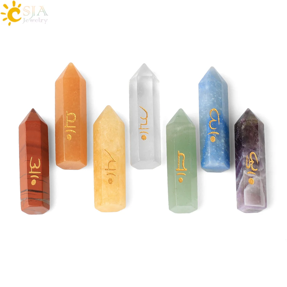 

CSJA 7 Chakra Natural Stones Decoration Hexagon Pillar Column Stone Set with Box Healing Point Pyramid Craft Home Ornament G779