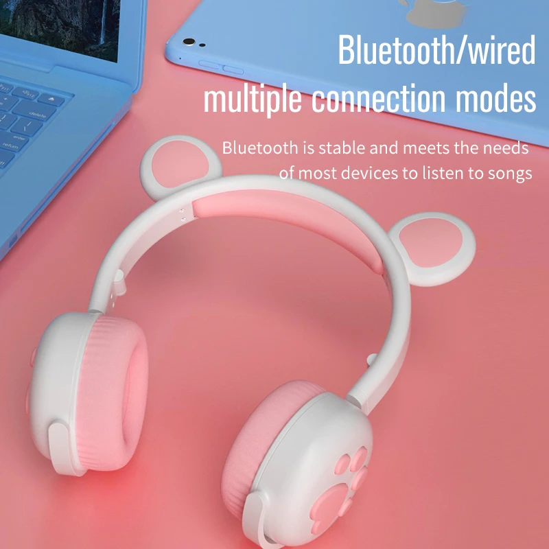 Bluetooth Headphones Glowing Cute LED Cat Bear Paw Headset for Girls Boys Kids Children Gift Earphones Wireless HIFI Stereo Bass