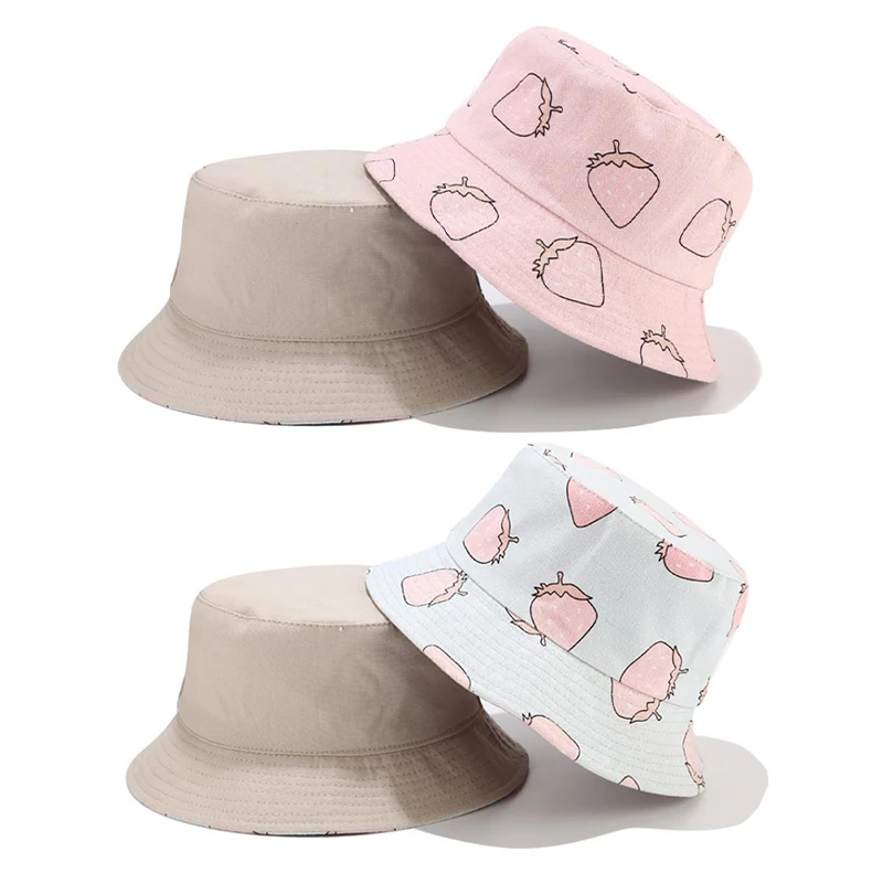 1PC Two Side Reversible Strawberry Bucket Hat For Women Fisherman Fruit Summer