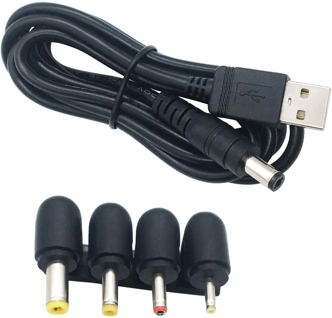 USB Type-A Male to 5.5mm x 2.1mm Barrel 5V DC Power Cable with 4 Connectors Compatible with Laptop, Notebook, HUB Splitter