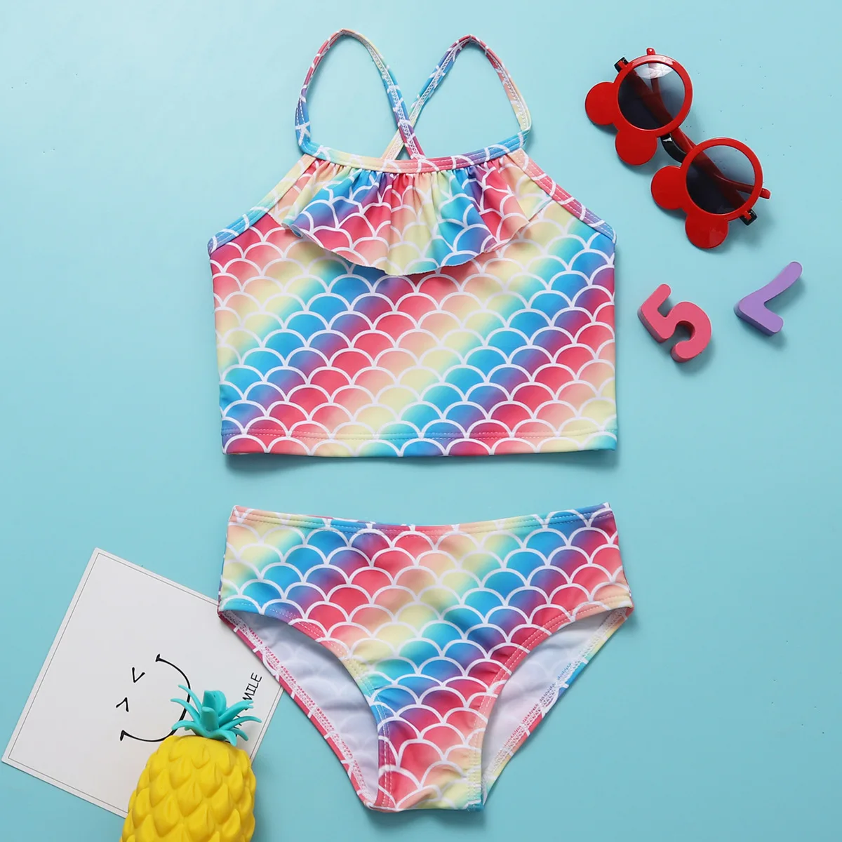 Toddler Baby Girls Kids Mermaid Bikini Set Summer Beachwear Fish Scale Pattern Swimwear Two Piece Swimsuit Bathing Suit Tankini