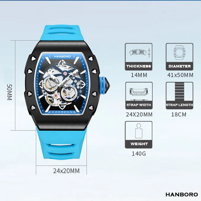هانبورو رجالي ساعات أوتوماتيكية ساعة فاخرة موضة ساعة اليد الميكانيكية 50 متر مطاط مقاوم للمياه حزام مضيئة تونيو حافظة 82S7
