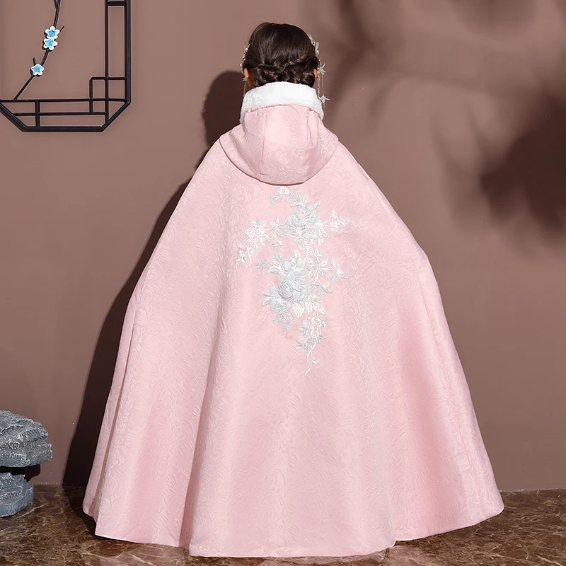 Pink Girl's Hanfu Cape winter new Embroidery Long Cloak Chinese Children Ancient Style Mantle Kids New Year's Wear Keep Warm