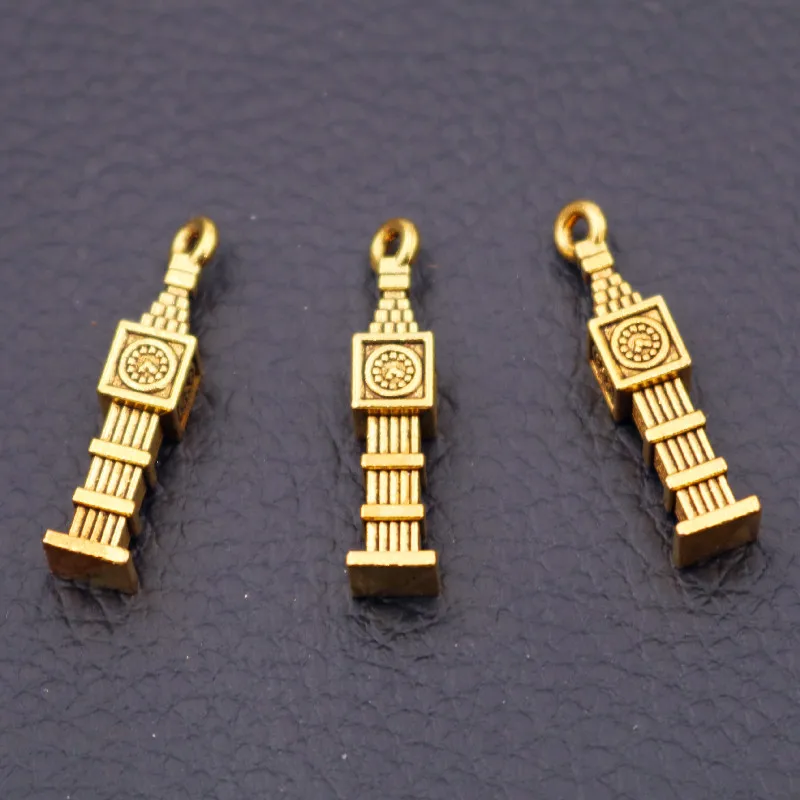 10pcs Antique Gold Tone Charm Metal Accessories Retro Bell Tower Pendants For Jewelry Handicraft Making 27*6mm P39