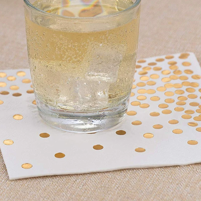 Gold Dot Cocktail Napkins (50 Pack)3-Ply Paper Napkins with Gold Foil Polka Dots Perfect for Birthday Party, Baby Shower, Bridal