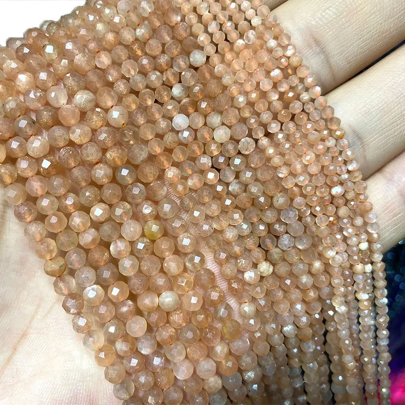 Fine 100% Natural Stone Orange Sunstone Faceted Gemstone Round Spacer Beads For Jewelry Making DIY Bracelet Necklace 2/3/4MM