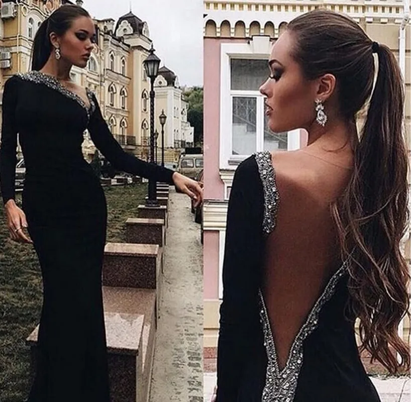 Elegant Black Mermaid Arabic Dubai Prom Dress Long Sleeves Crystals Beaded Evening Party Gowns Robe De Soiree Customized