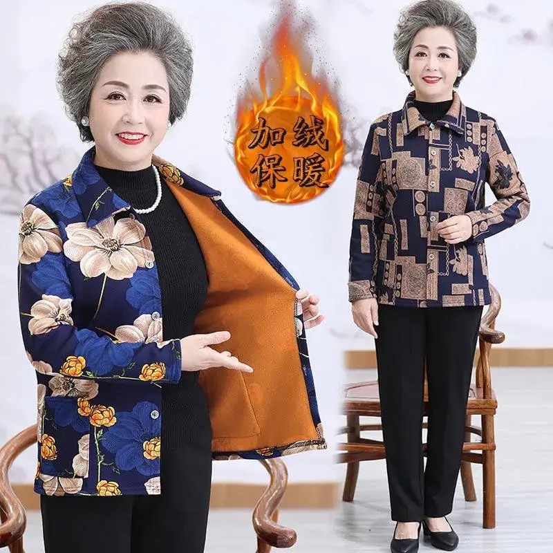 Middle-Aged Elderly Women\'s Add Fleece Coat Autumn Winter Long-Sleeved Warm Printing Cardigan Jackets Grandma Short Jacket Tops