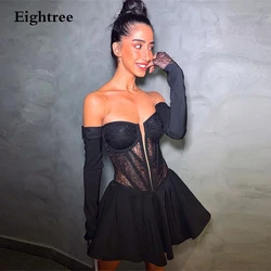 Eightree Sexy Black Short Mini Long Sleeves Evening Dresses Prom Dress Tulle Sweetheart Formal Party Gowns Graduation Gown