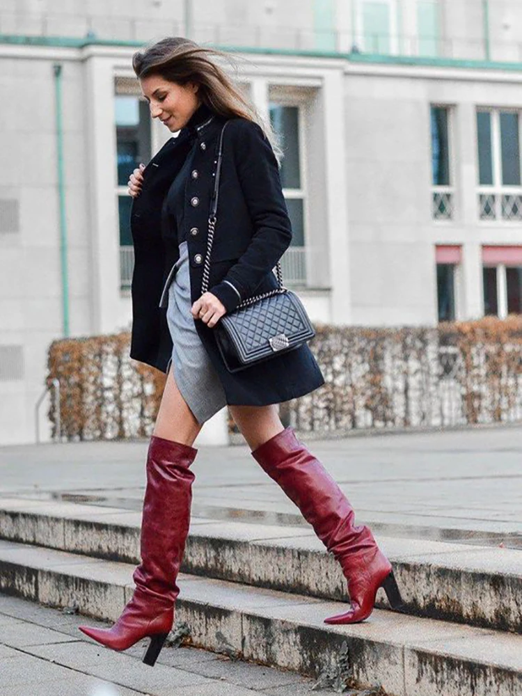 Red Slouch Boots Pointy Toe Chunky Heels Knee High Boot Women Winter Slip On High Heel Shoes Solid Wine Red Color Customized