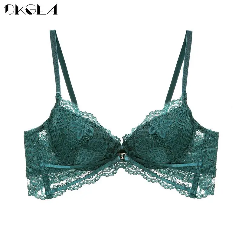 Brand White Thick Cotton Underwear Sexy Embroidery Green Bra Push Up B C D Cup Brassiere Deep V Gather Women Lace Lingerie Black