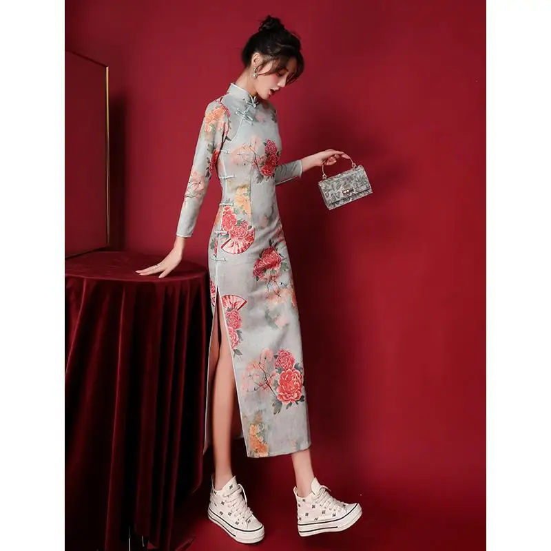 

Improved Cheongsam 2021 Autumn Retro Elegant Young Style Qipao Dress Floral Chinese Style Daily Party Cheongsam Dress