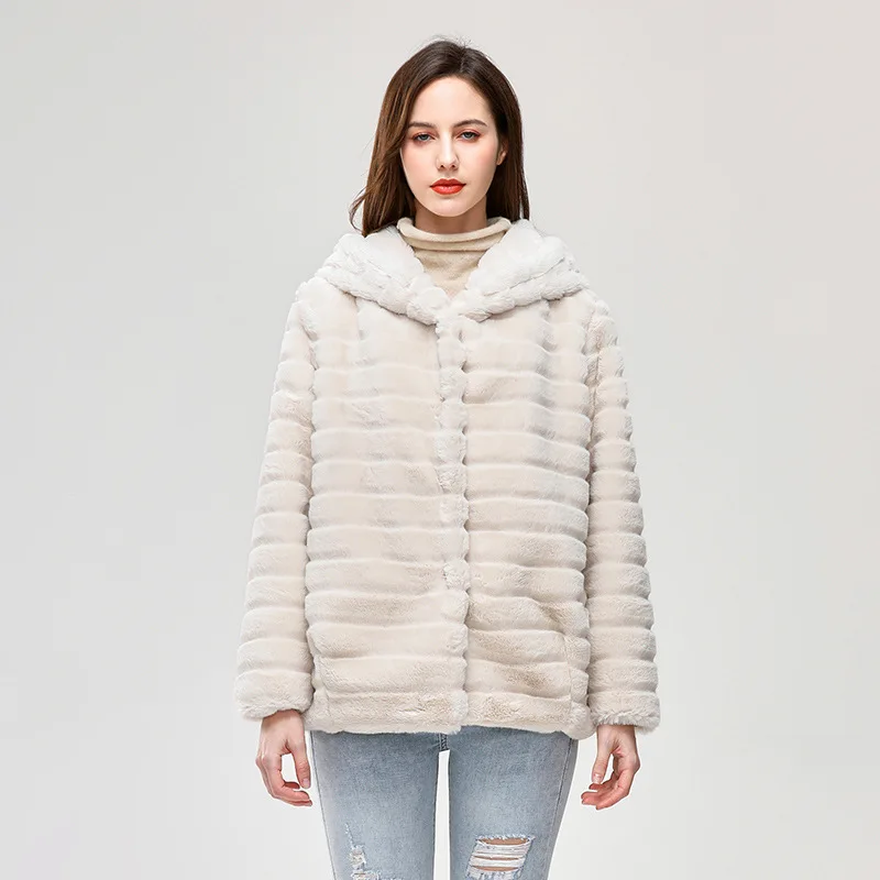 

2021 New Imitation Faux Fur Women's Hooded Casual Loose Warm Coat Female Fashion Jacket Thick Warm Snow Slim Girls Outerwear